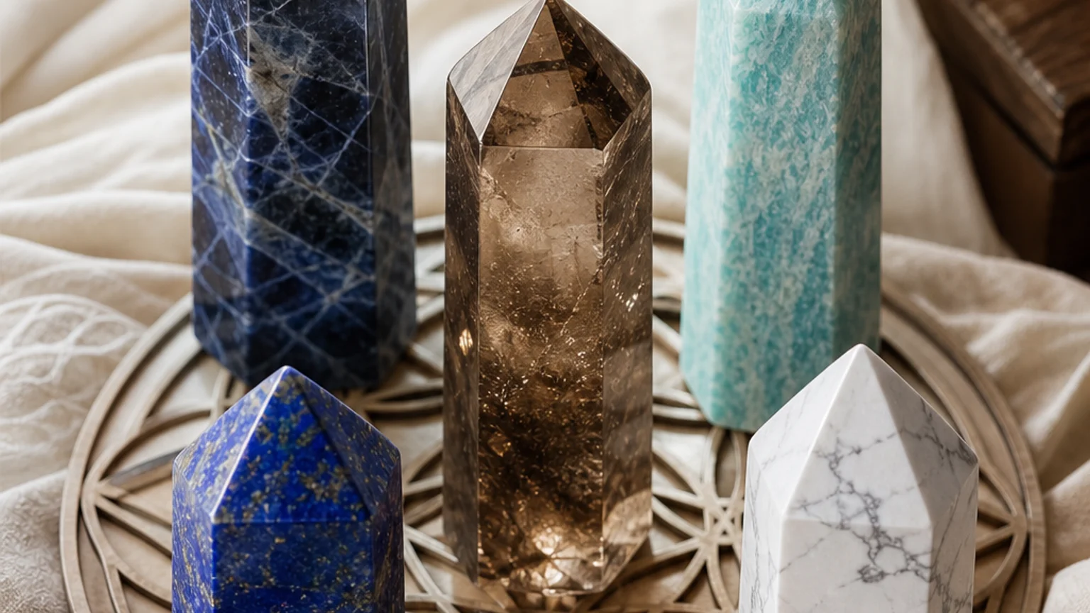 Five healing crystals for angel number 949 — Sodalite, Amazonite, Smoky Quartz, Lapis Lazuli, Howlite — arranged in a balanced sacred geometry composition on a soft cloth, warm natural light, calm muted background with subtle floral accents, editorial crystal photography, no text