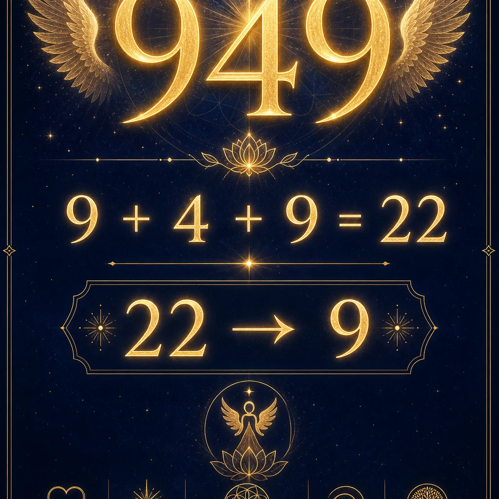 A clean numerology breakdown infographic for angel number 949: showing 9+4+9=22 reducing to the single digit 9, the number 949 displayed prominently at top in elegant golden typography with reduction steps below, minimalist sacred geometry frame, deep indigo background with gold accents, spiritual educational diagram style
