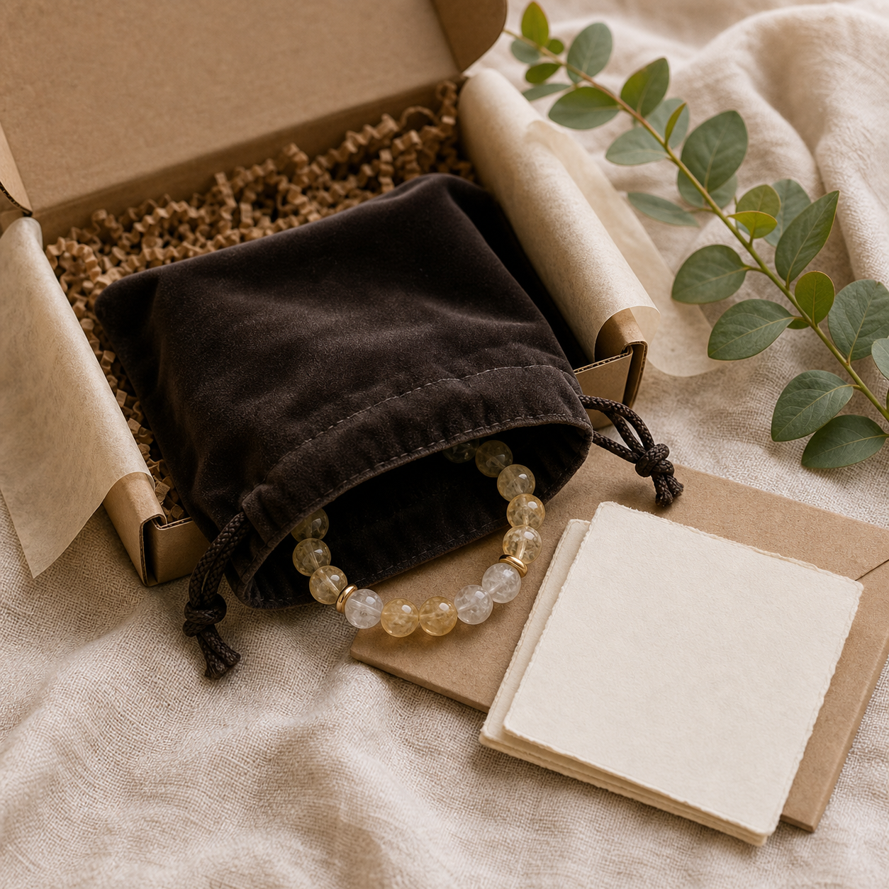 Velvet pouch and intention guide card gift packaging