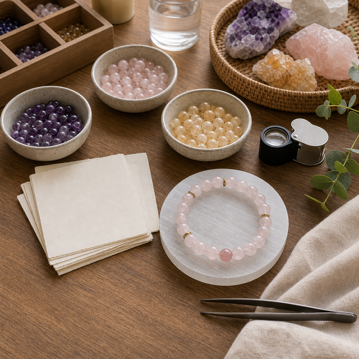 Crystal bracelet workspace with beads, selenite plate, and intention cards