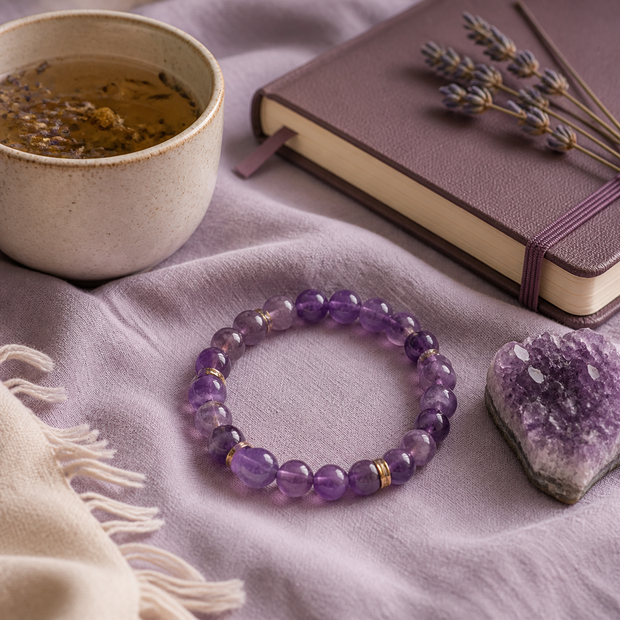 Amethyst bracelet beside evening tea and a journal