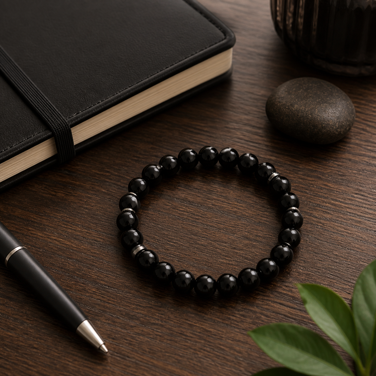 Black tourmaline bracelet on a calm work desk