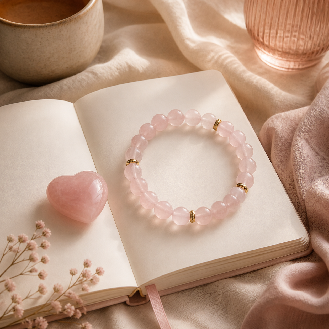 Rose quartz bracelet with journaling scene for self-compassion