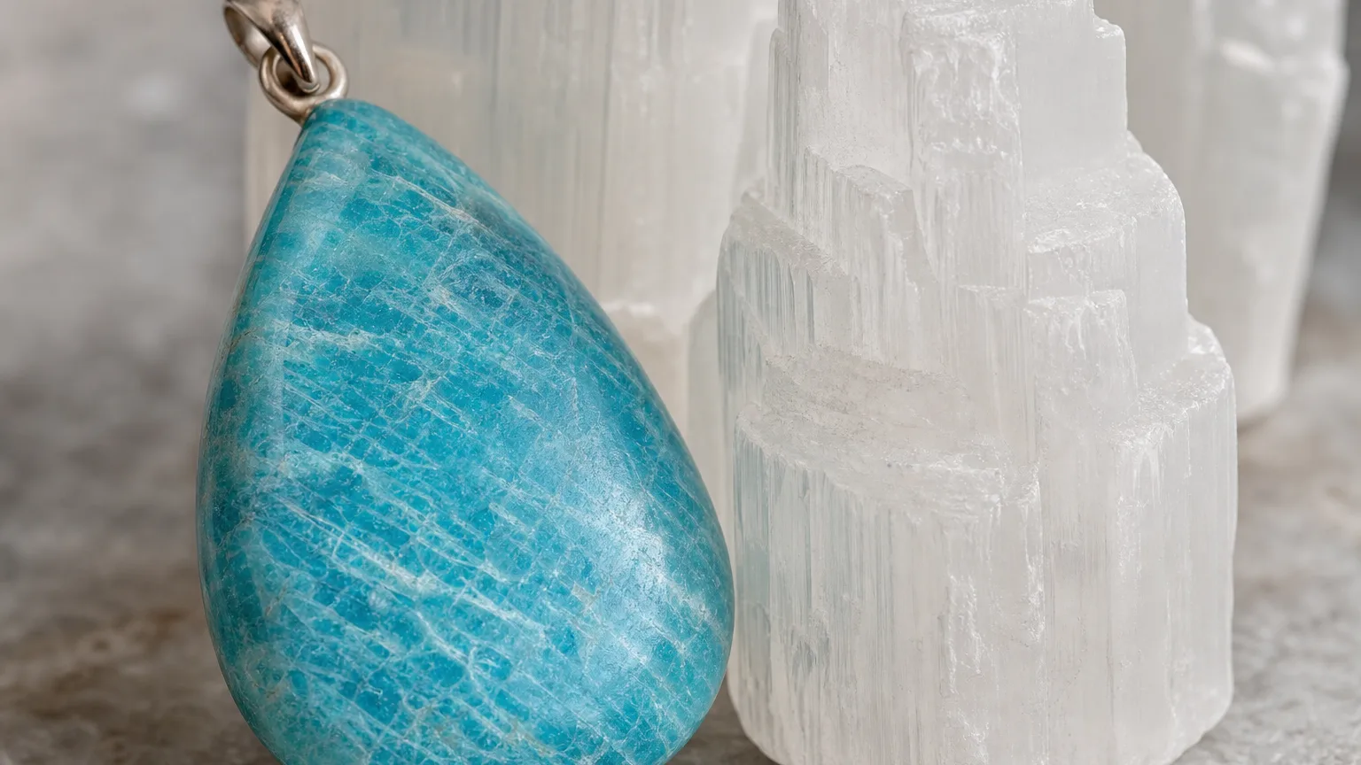 A macro close-up of blue-green Amazonite (pendant) and white Selenite (tower/wand) crystals arranged together in one frame, both stones touching, fine surface textures visible, soft even studio light