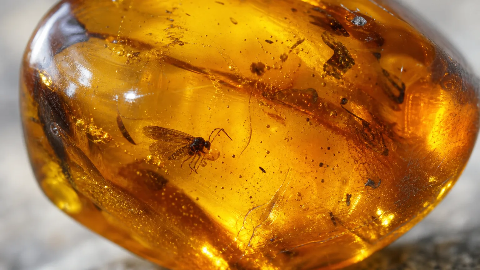 Amber golden fossil resin with inclusion close-up