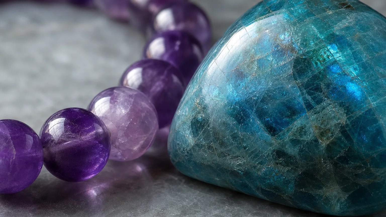 A macro close-up of purple Amethyst (bracelet) and blue-green Apatite (tumbled) crystals arranged together in one frame, both stones touching, fine surface textures visible, soft even studio light