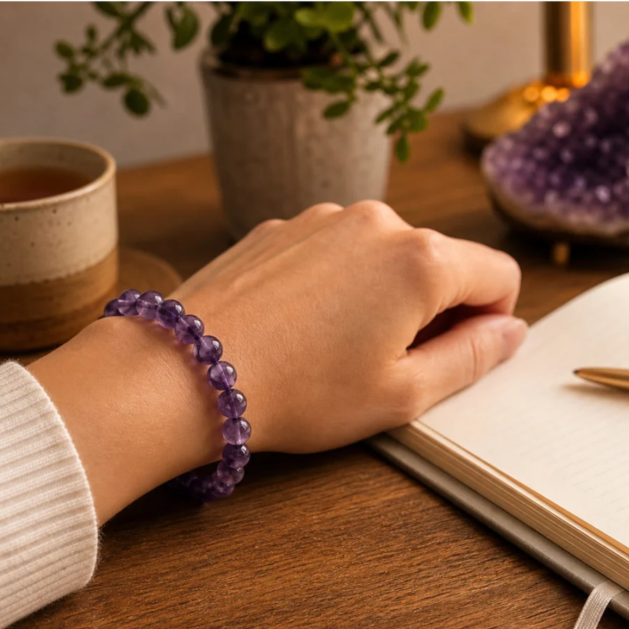 Amethyst bracelet worn on the wrist for daily use