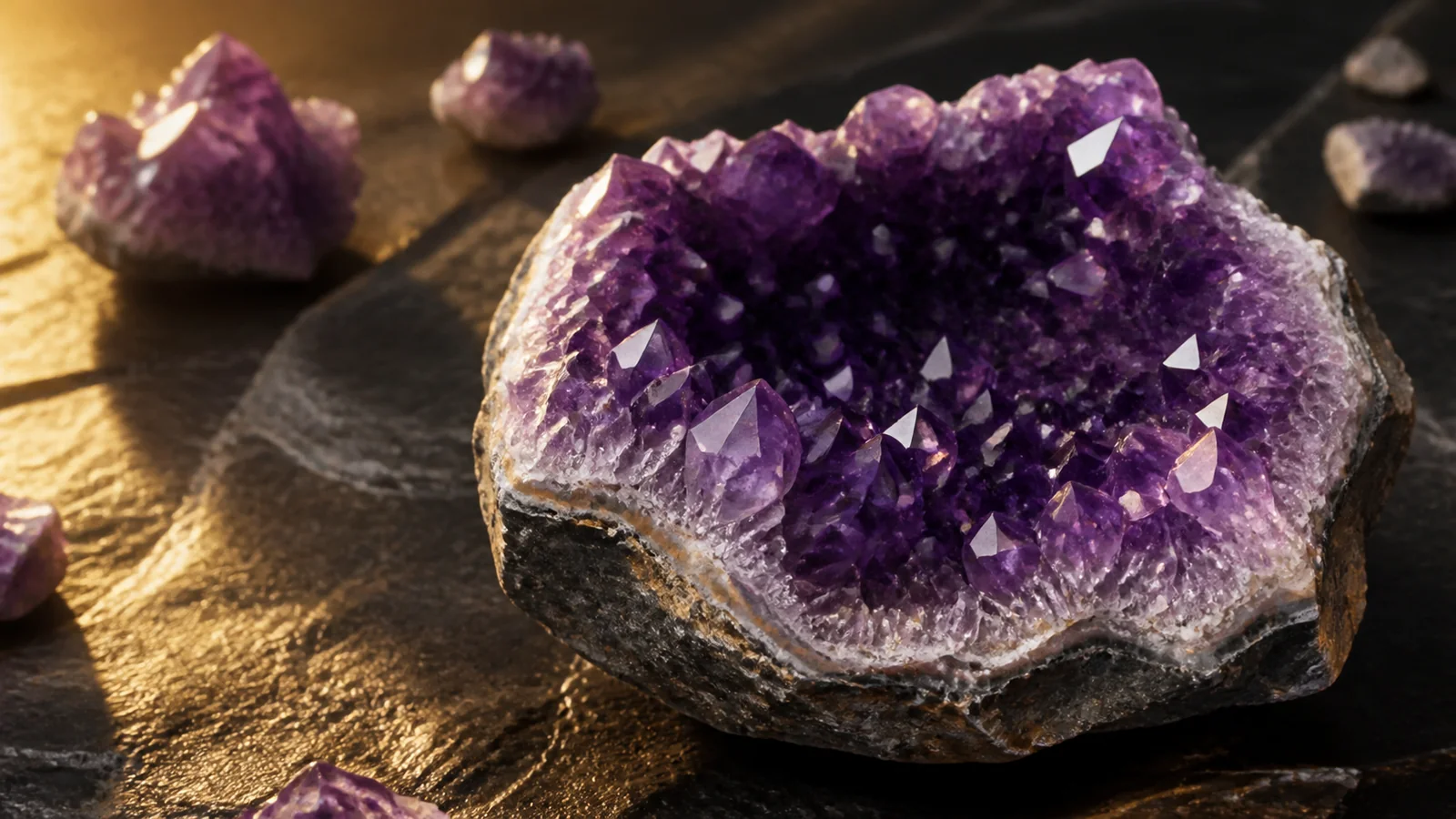 Amethyst meaning guide with purple crystal cluster