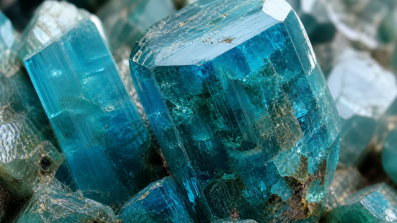 Apatite Meaning: Healing Properties & Uses 2 Blue-green apatite hexagonal crystal texture close-up