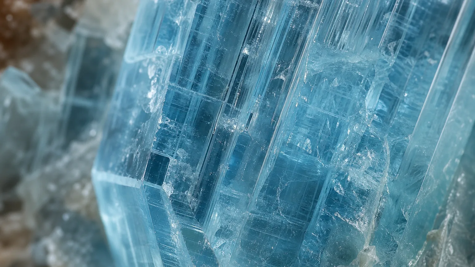 Clear blue aquamarine beryl crystal texture close-up