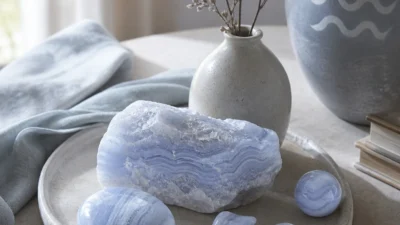 Aquarius April 2026 monthly horoscope with Blue Lace Agate as crystal of the month, zodiac symbol ♒