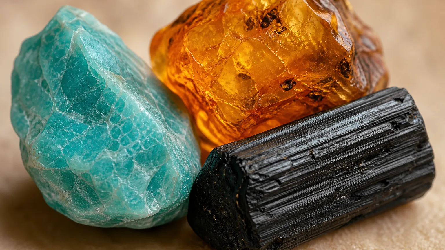 The best crystal pair for Aquarius and Aquarius: Amazonite, Amber, and Black Tourmaline shown together