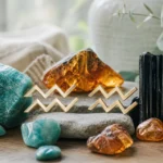 Aquarius and Aquarius compatibility with Amazonite, Amber, and Black Tourmaline crystals arranged with zodiac symbols ♒ and ♒