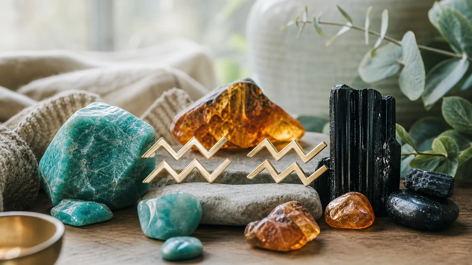 Aquarius and Aquarius compatibility with Amazonite, Amber, and Black Tourmaline crystals arranged with zodiac symbols ♒ and ♒