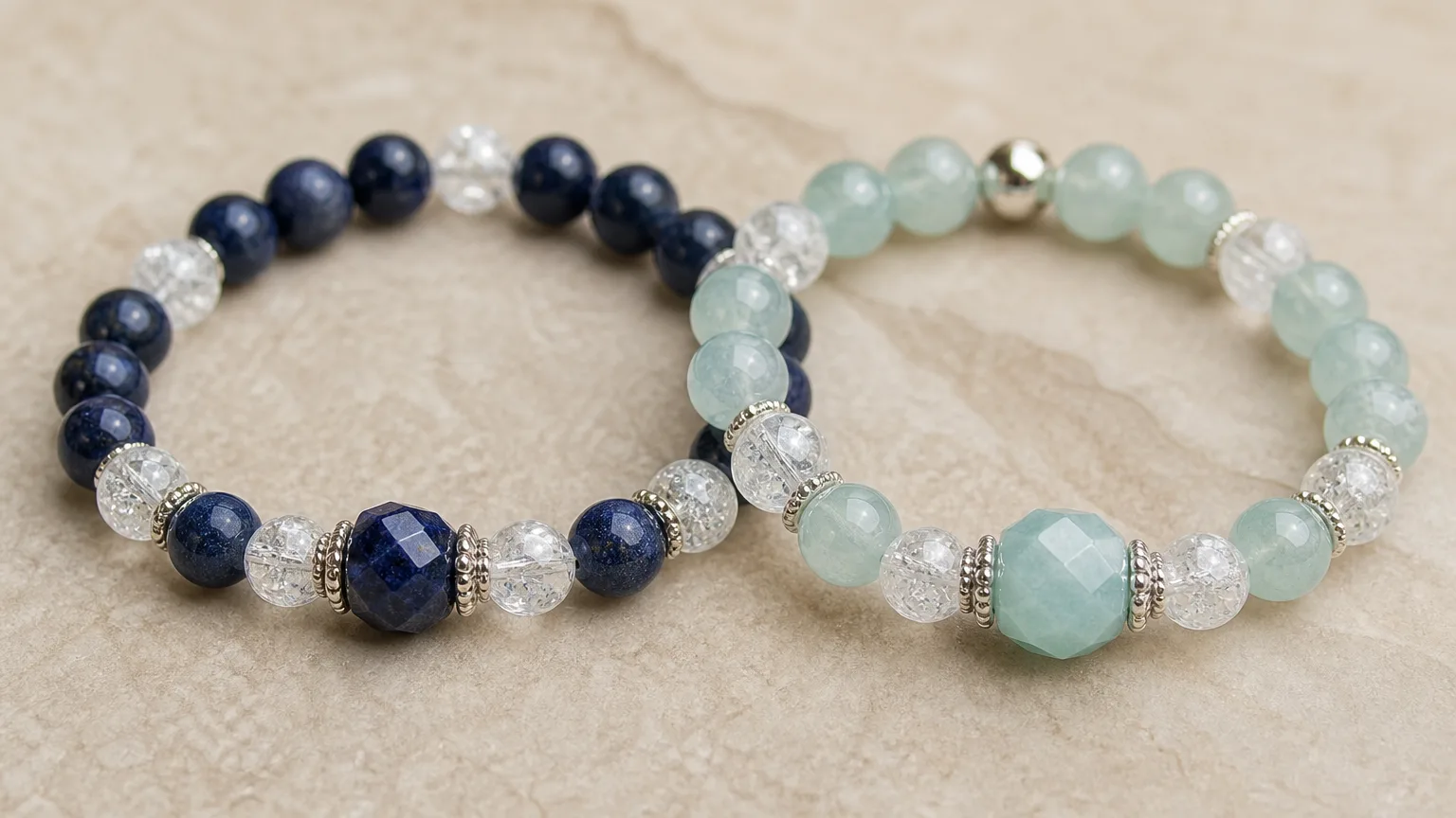 How Aquarius and Aquarius can use crystals together: two crystal bracelets side by side