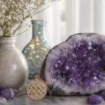 Aquarius August 2026 monthly horoscope with Amethyst as crystal of the month, zodiac symbol ♒