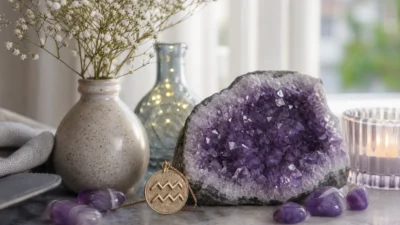 Aquarius August 2026 monthly horoscope with Amethyst as crystal of the month, zodiac symbol ♒