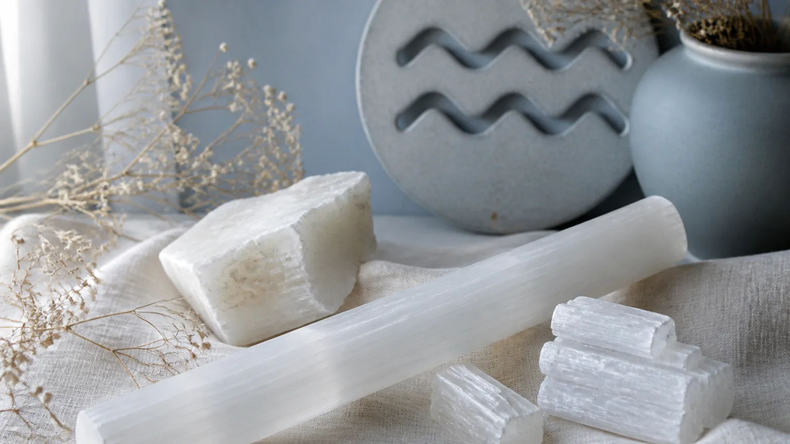 Aquarius December 2026 monthly horoscope with Selenite as crystal of the month, zodiac symbol ♒