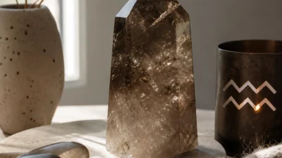 Aquarius February 2026 monthly horoscope with Smoky Quartz as crystal of the month, zodiac symbol ♒