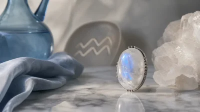Aquarius July 2026 monthly horoscope with Moonstone as crystal of the month, zodiac symbol ♒