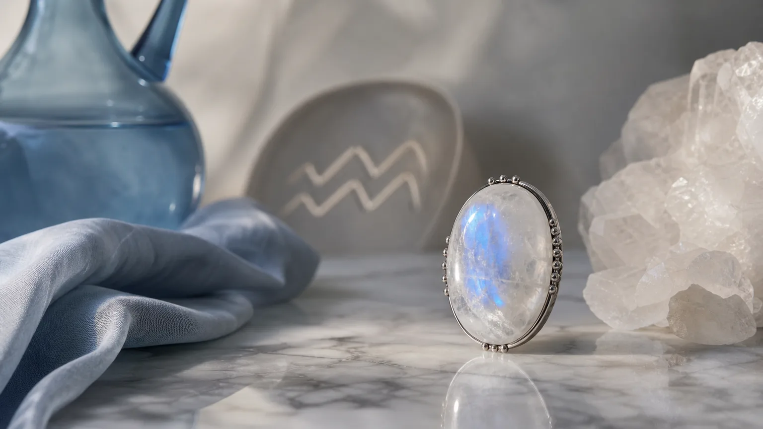 Aquarius July 2026 monthly horoscope with Moonstone as crystal of the month, zodiac symbol ♒