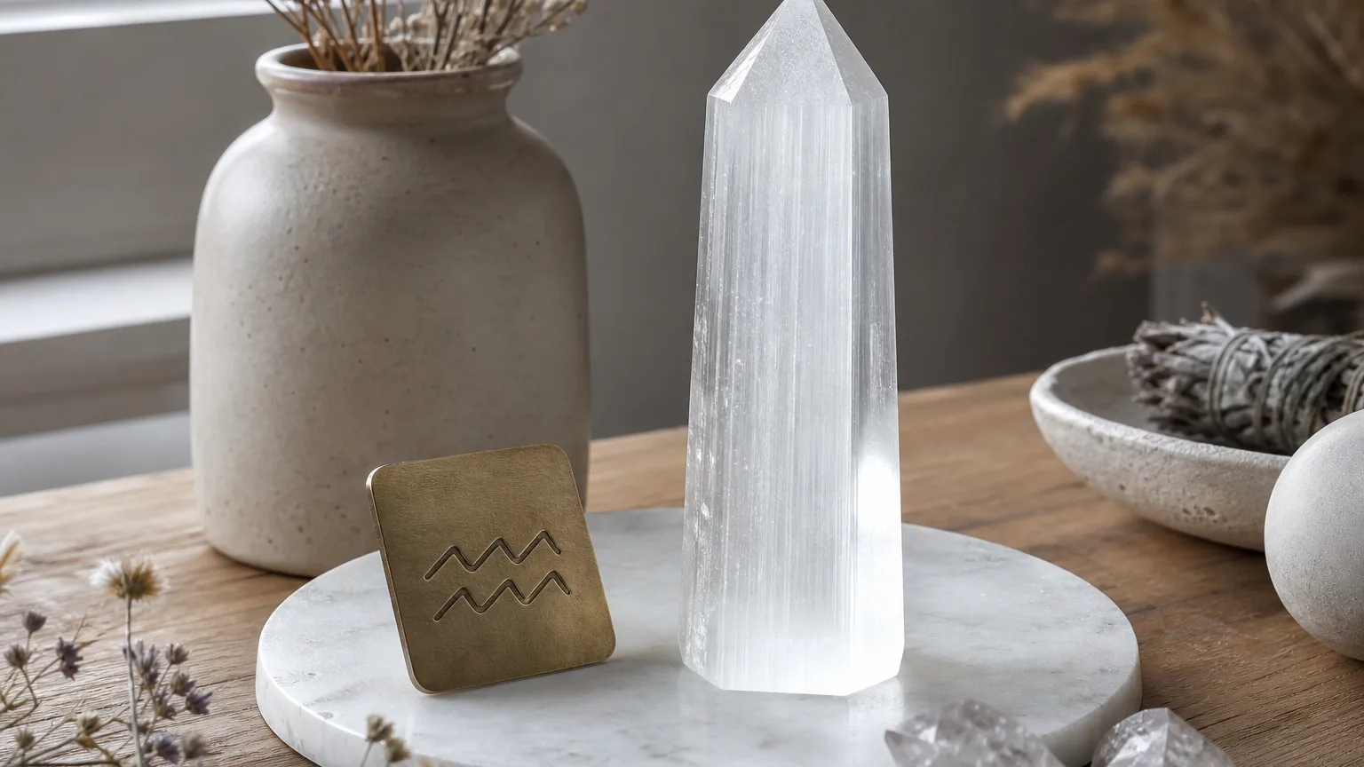 Aquarius March 2026 monthly horoscope with Selenite as crystal of the month, zodiac symbol ♒