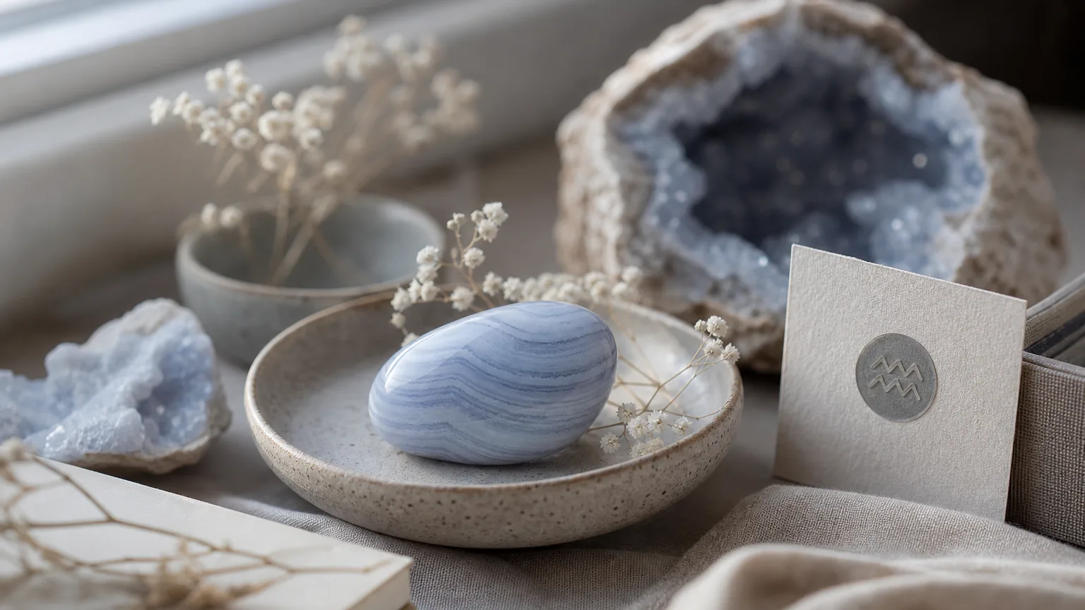 Aquarius October 2026 monthly horoscope with Blue Lace Agate as crystal of the month, zodiac symbol ♒