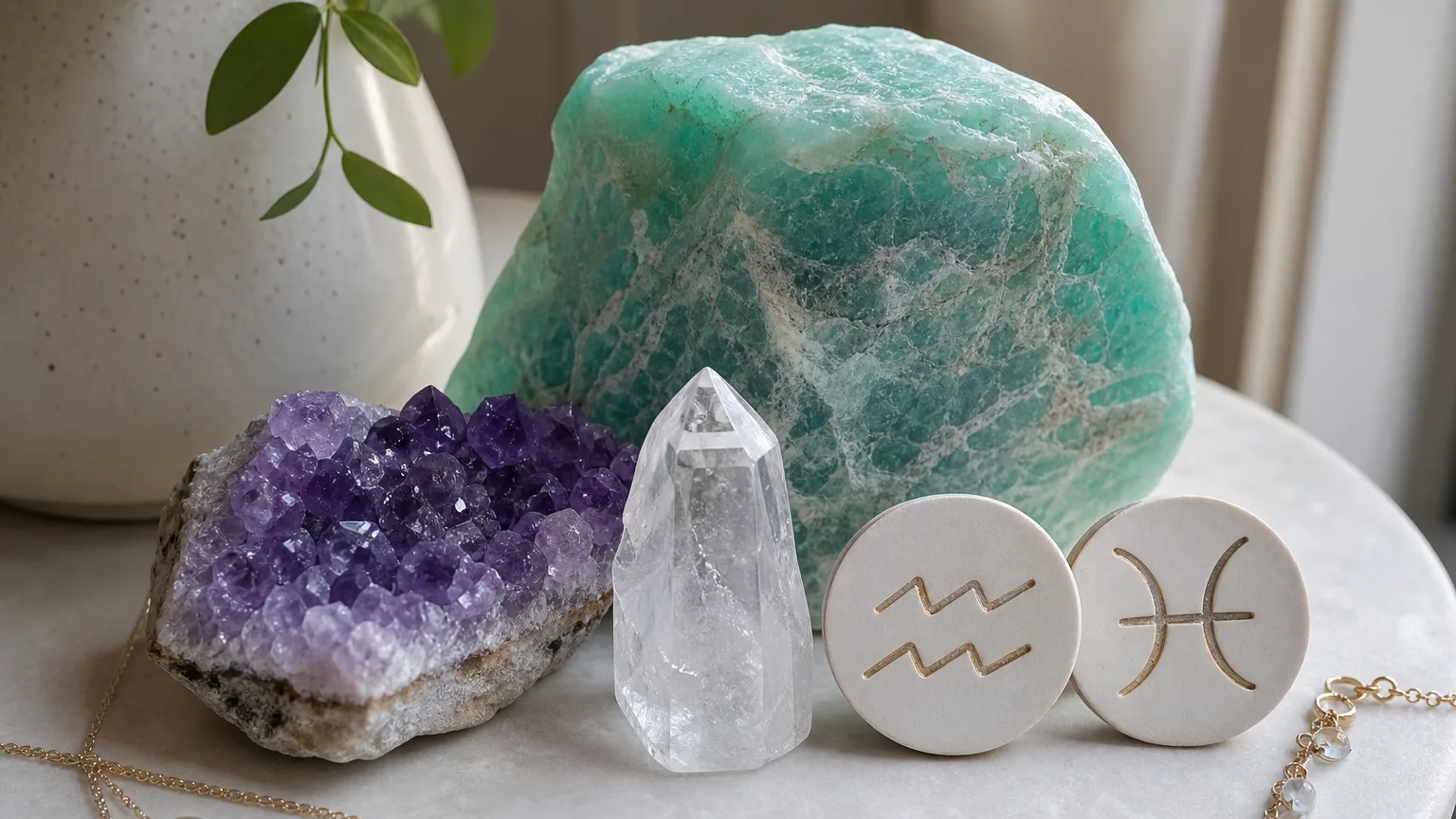 Aquarius and Pisces compatibility with Amazonite, Amethyst, and Quartz crystals arranged with zodiac symbols ♒ and ♓