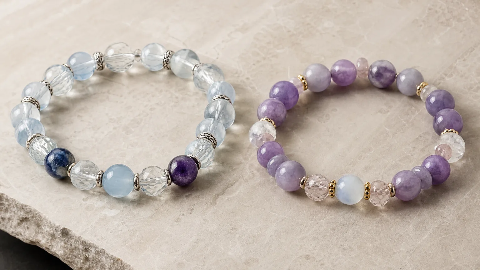 How Aquarius and Pisces can use crystals together: two crystal bracelets side by side