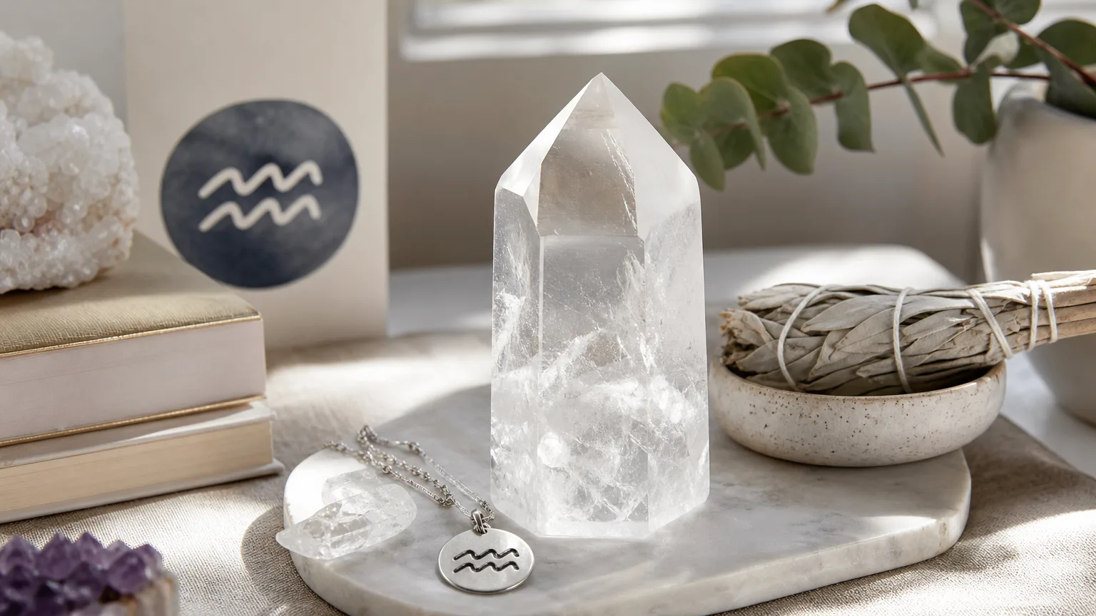 Aquarius September 2026 monthly horoscope with Clear Quartz as crystal of the month, zodiac symbol ♒