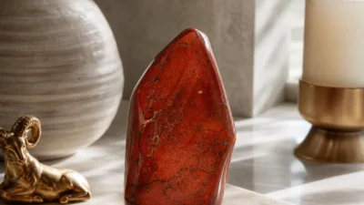 Aries 2026 yearly horoscope with Red Jasper as crystal of the year, zodiac symbol ♈, representing structure, courage, and identity renewal