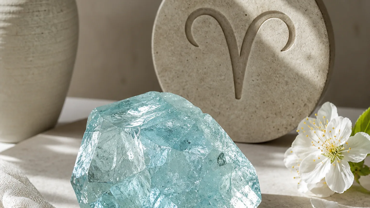 Aries April 2026 monthly horoscope with Aquamarine as crystal of the month, zodiac symbol ♈