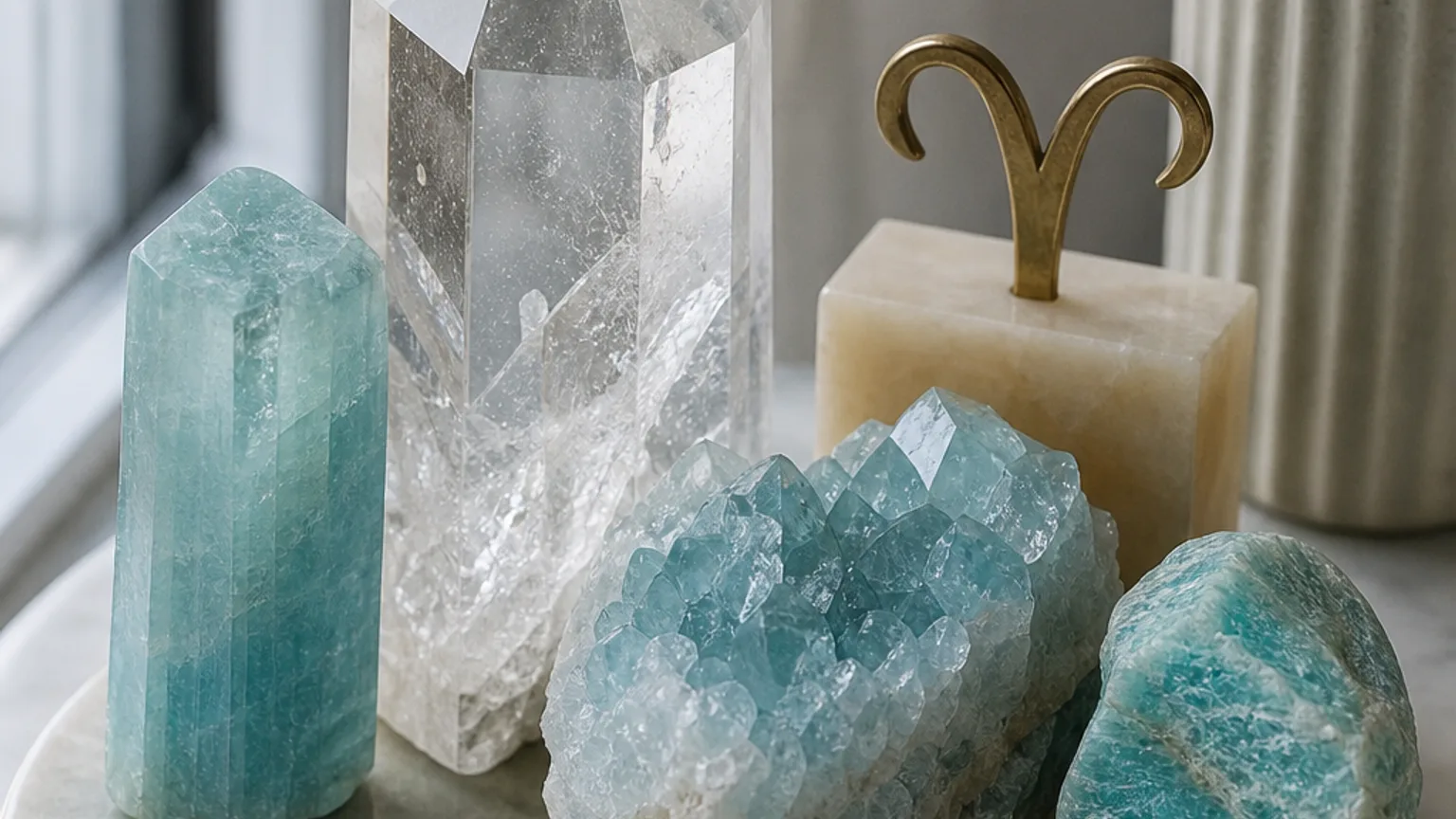 Aries and Aquarius compatibility with Aquamarine, Amazonite, and Quartz crystals arranged with zodiac symbols ♈ and ♒