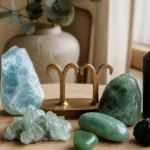 Aries and Aries compatibility with Aquamarine, Aventurine, and Black Tourmaline crystals arranged with zodiac symbols ♈ and ♈
