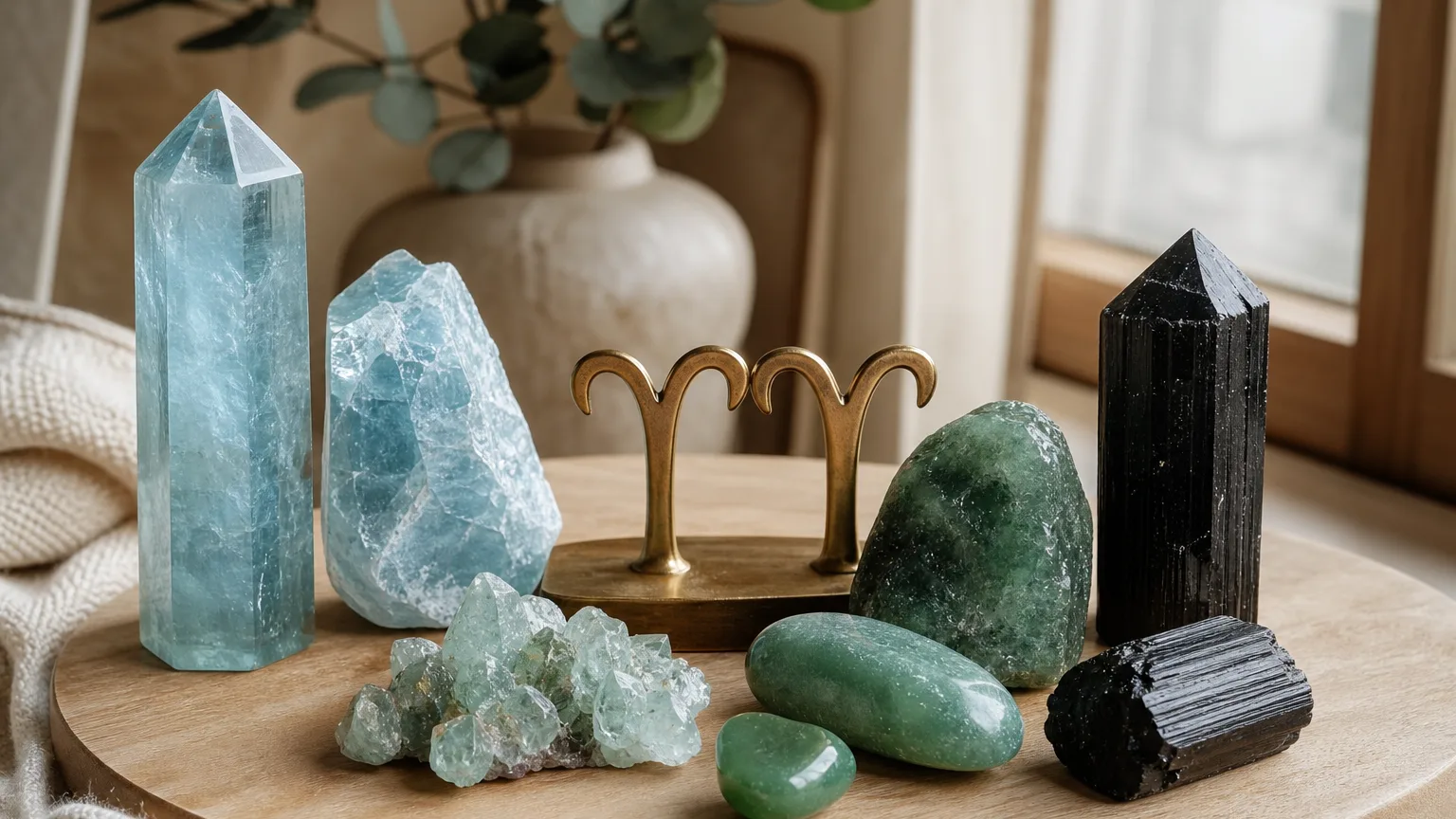 Aries and Aries compatibility with Aquamarine, Aventurine, and Black Tourmaline crystals arranged with zodiac symbols ♈ and ♈