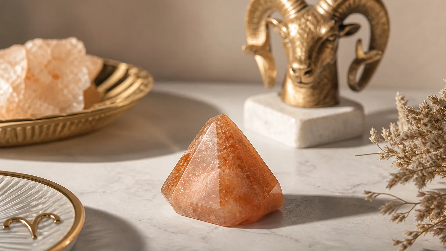 Aries August 2026 monthly horoscope with Sunstone as crystal of the month, zodiac symbol ♈