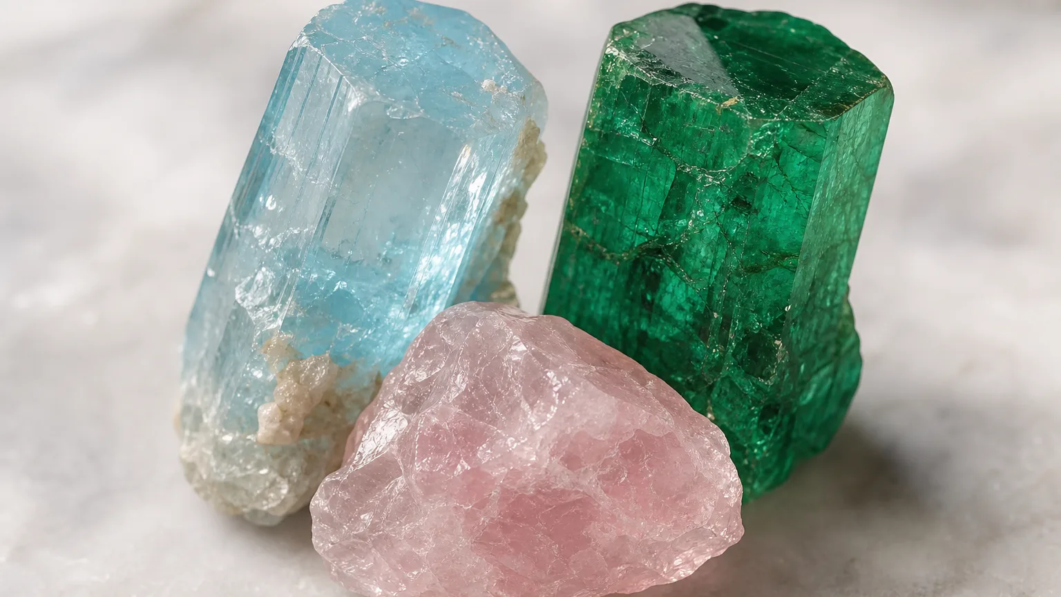 The best crystal pair for Aries and Cancer: Aquamarine, Emerald, and Rose Quartz shown together