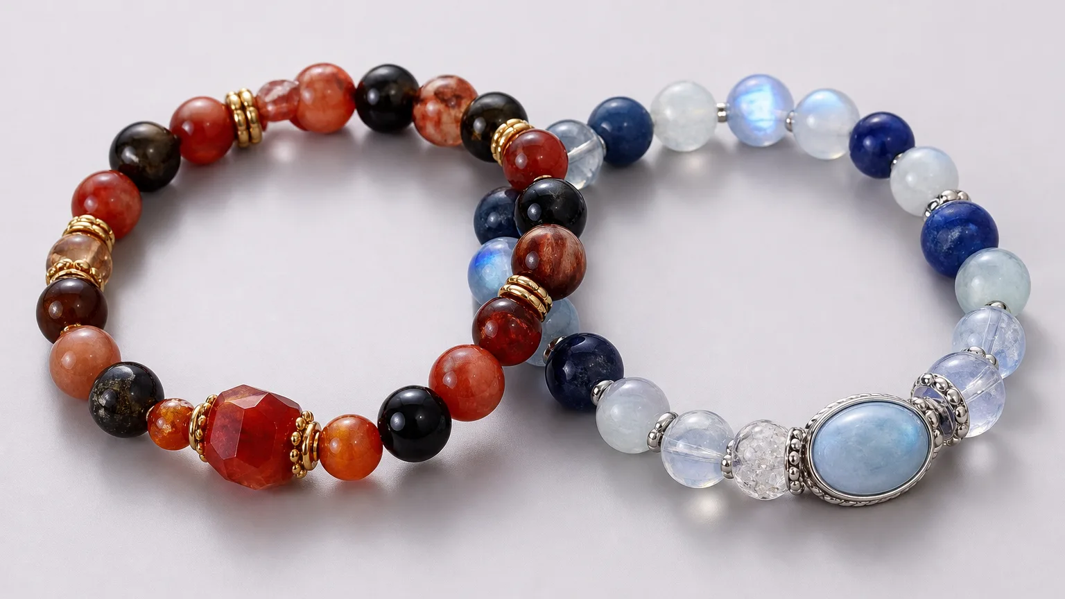 How Aries and Cancer can use crystals together: two crystal bracelets side by side
