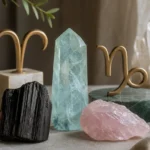 Aries and Capricorn compatibility with Aquamarine, Black Tourmaline, and Rose Quartz crystals arranged with zodiac symbols ♈ and ♑
