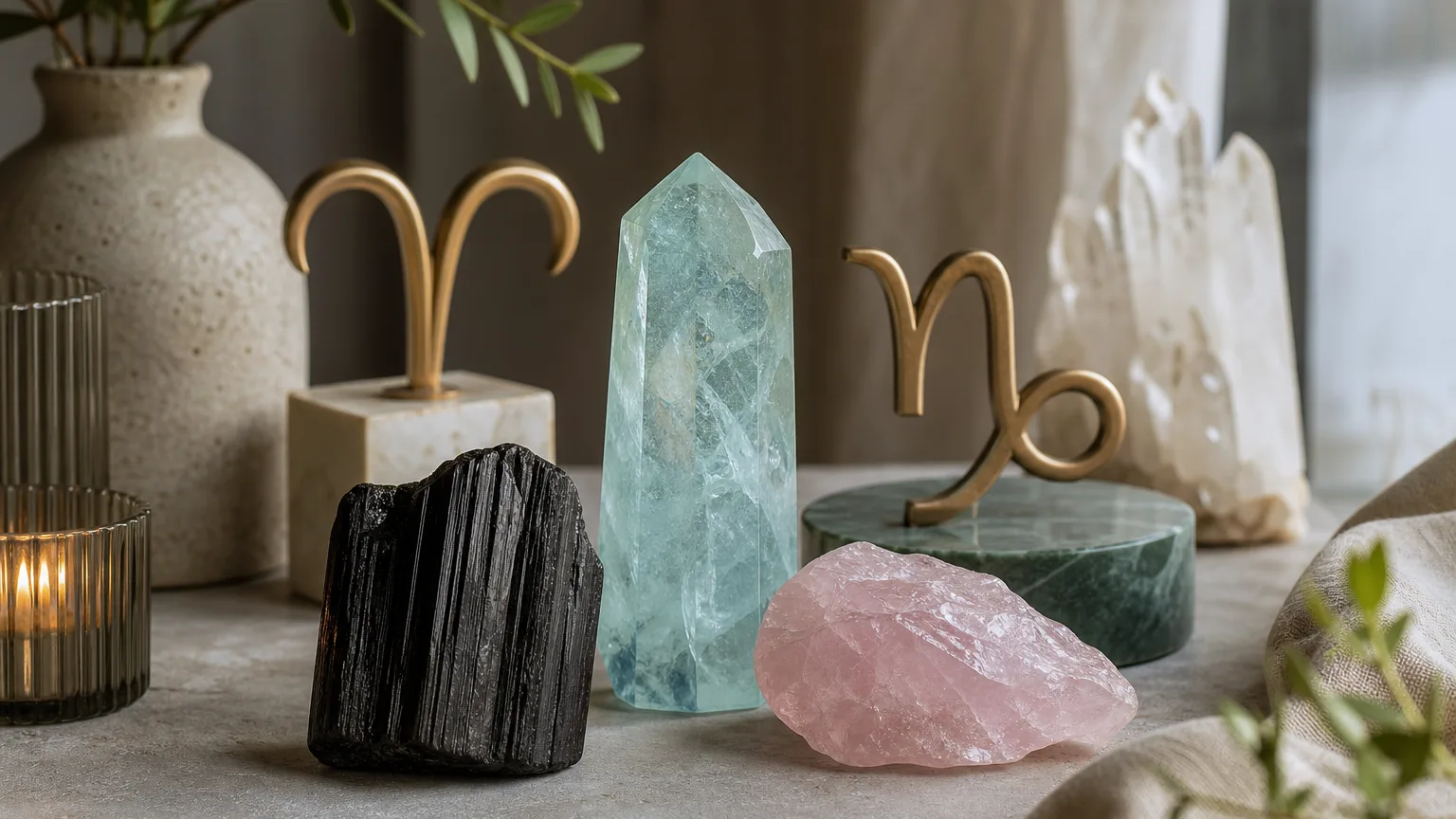 Aries and Capricorn compatibility with Aquamarine, Black Tourmaline, and Rose Quartz crystals arranged with zodiac symbols ♈ and ♑