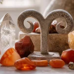 Best crystals for Aries: Carnelian, Red Jasper, Clear Quartz, Citrine and more arranged with an Aries ram symbol