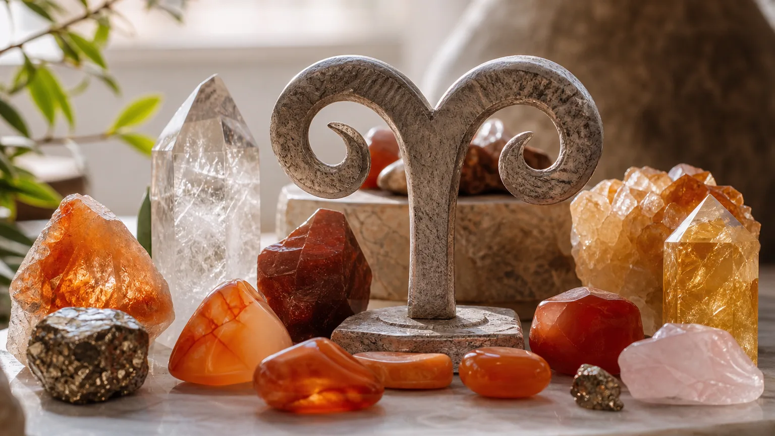 Best crystals for Aries: Carnelian, Red Jasper, Clear Quartz, Citrine and more arranged with an Aries ram symbol