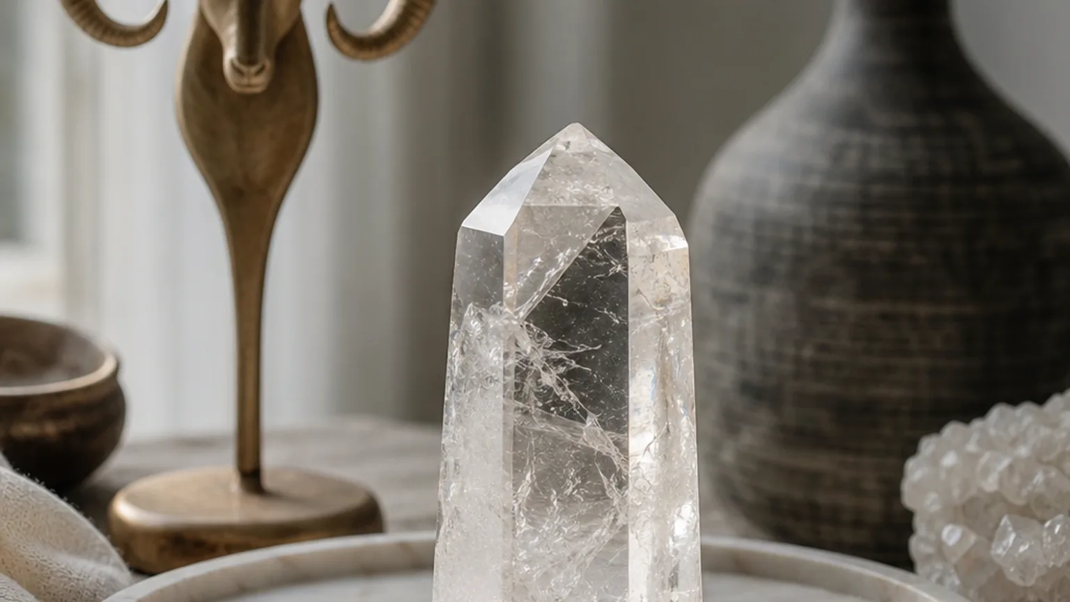 Aries February 2026 monthly horoscope with Clear Quartz as crystal of the month, zodiac symbol ♈