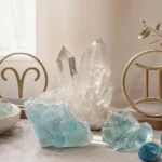 Aries and Gemini compatibility with Aquamarine, Apatite, and Quartz crystals arranged with zodiac symbols ♈ and ♊
