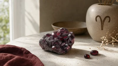 Aries January 2026 monthly horoscope with Garnet as crystal of the month, zodiac symbol ♈