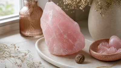 Aries July 2026 monthly horoscope with Rose Quartz as crystal of the month, zodiac symbol ♈