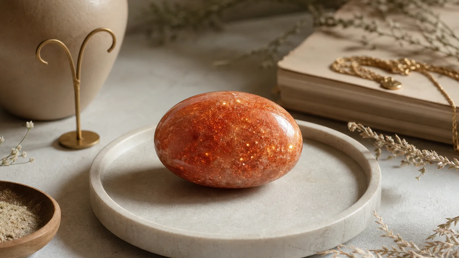 Aries June 2026 monthly horoscope with Sunstone as crystal of the month, zodiac symbol ♈