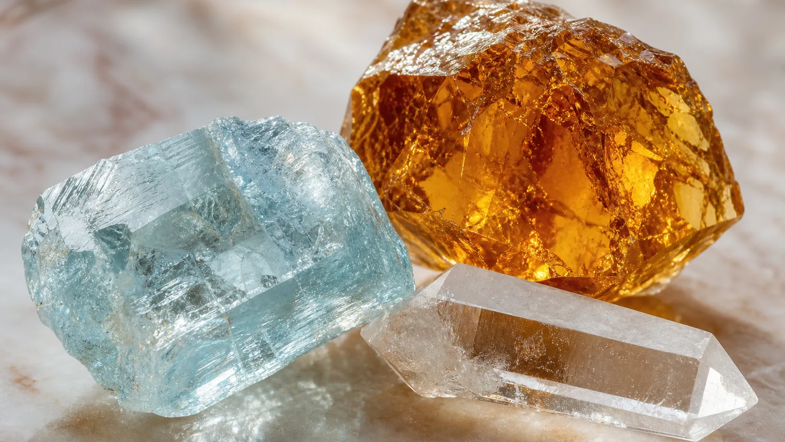 The best crystal pair for Aries and Leo: Aquamarine, Amber, and Quartz shown together