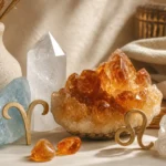 Aries and Leo compatibility with Aquamarine, Amber, and Quartz crystals arranged with zodiac symbols ♈ and ♌