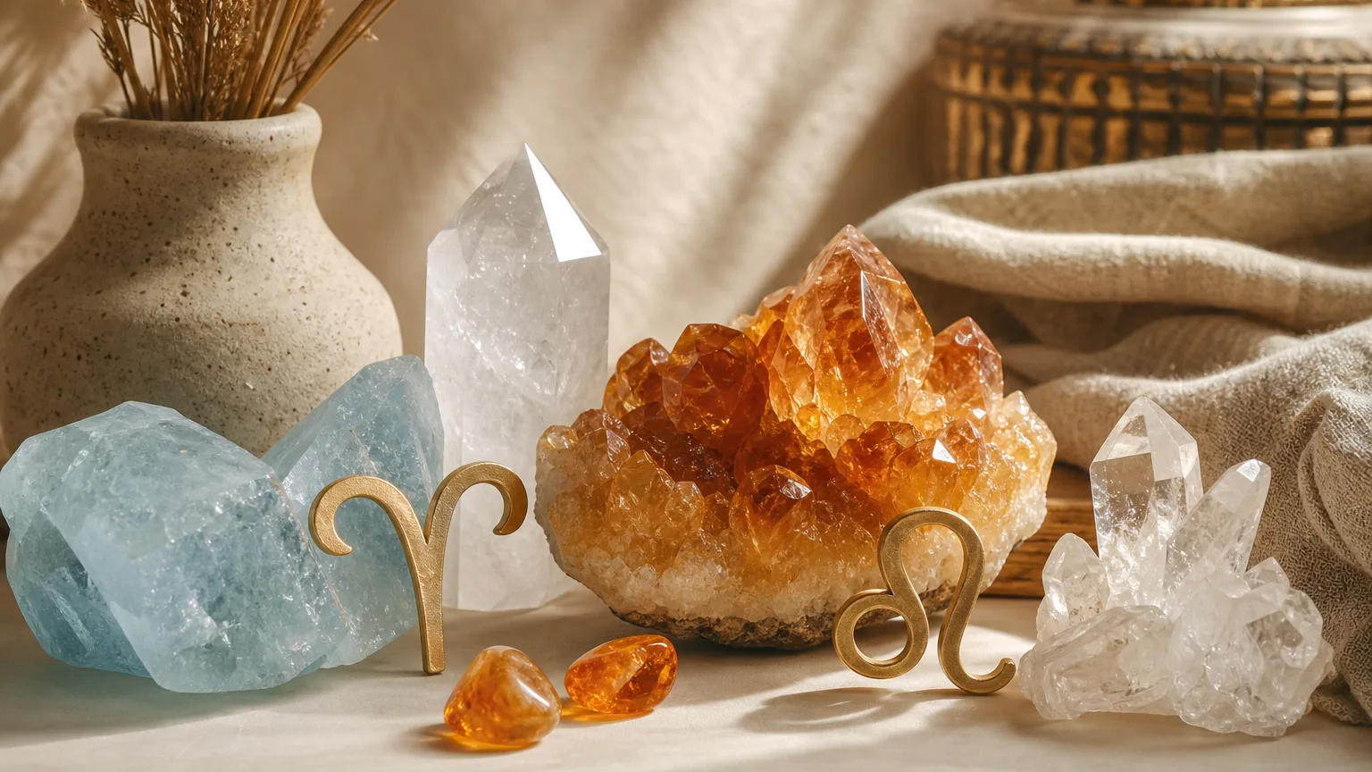 Aries and Leo compatibility with Aquamarine, Amber, and Quartz crystals arranged with zodiac symbols ♈ and ♌